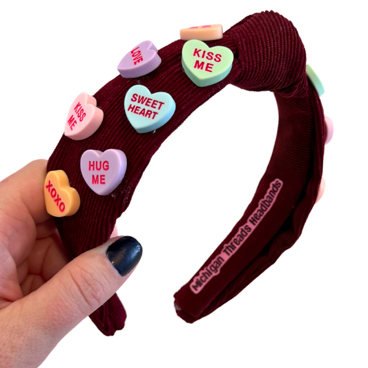 Knotted Classic Headband Wine Corduroy Conversation Hearts