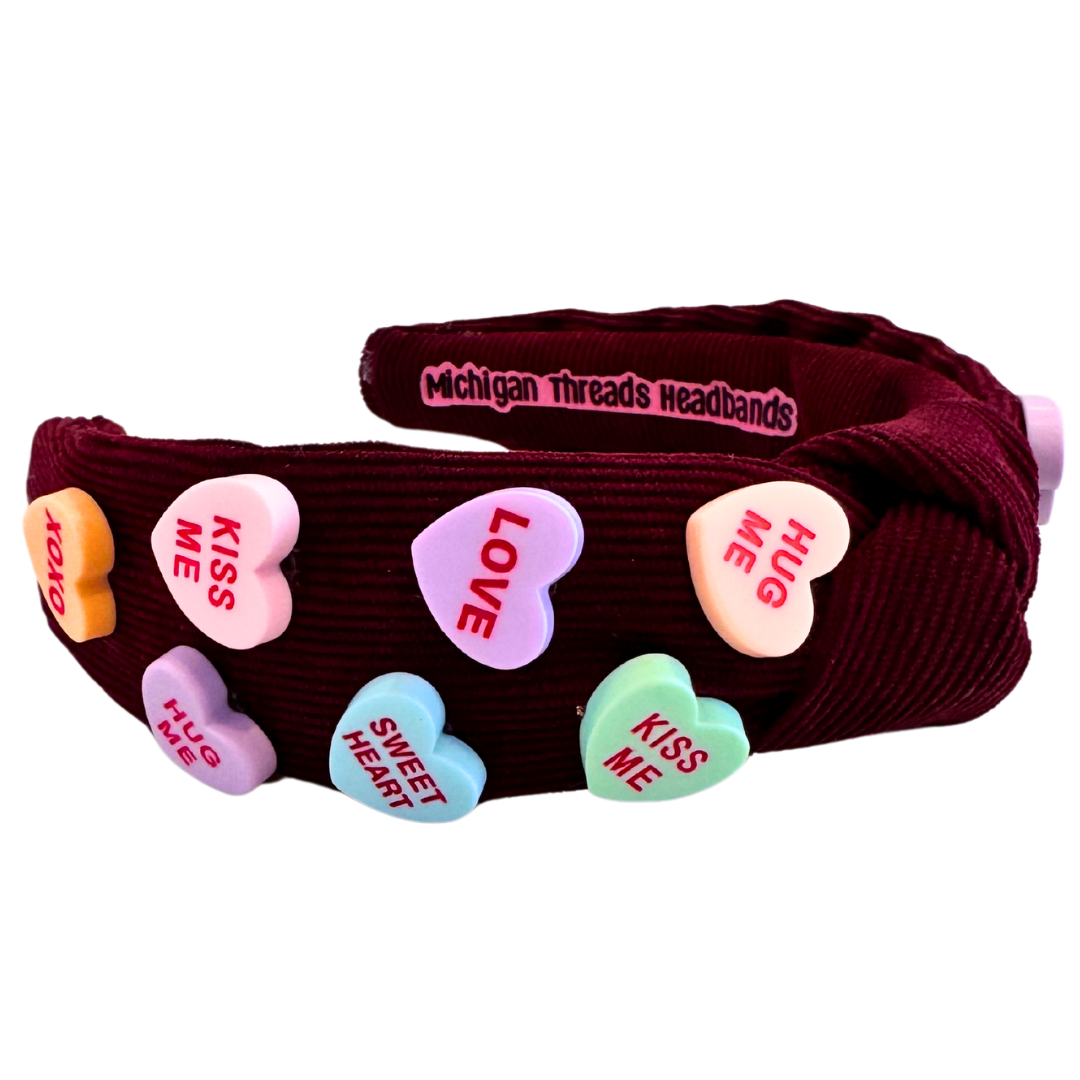 Knotted Classic Headband Wine Corduroy Conversation Hearts