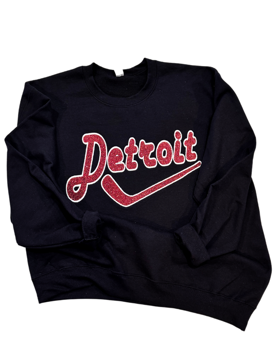 Black Detroit Hockey GLITTER Embroidered Sweatshirt