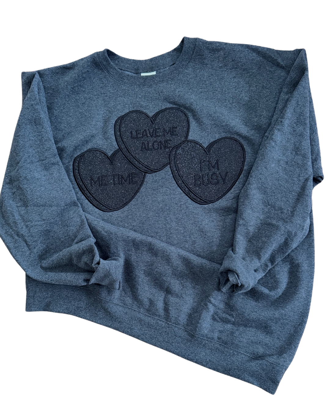 I Heart Me Time Glitter Embroidered Crew Neck Sweatshirt