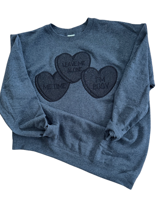 I Heart Me Time Glitter Embroidered Crew Neck Sweatshirt