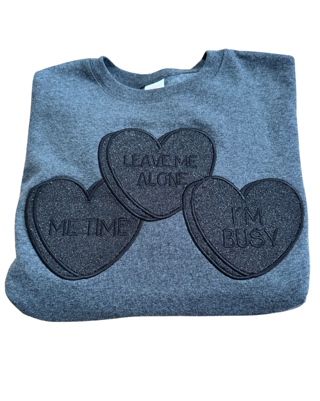 I Heart Me Time Glitter Embroidered Crew Neck Sweatshirt