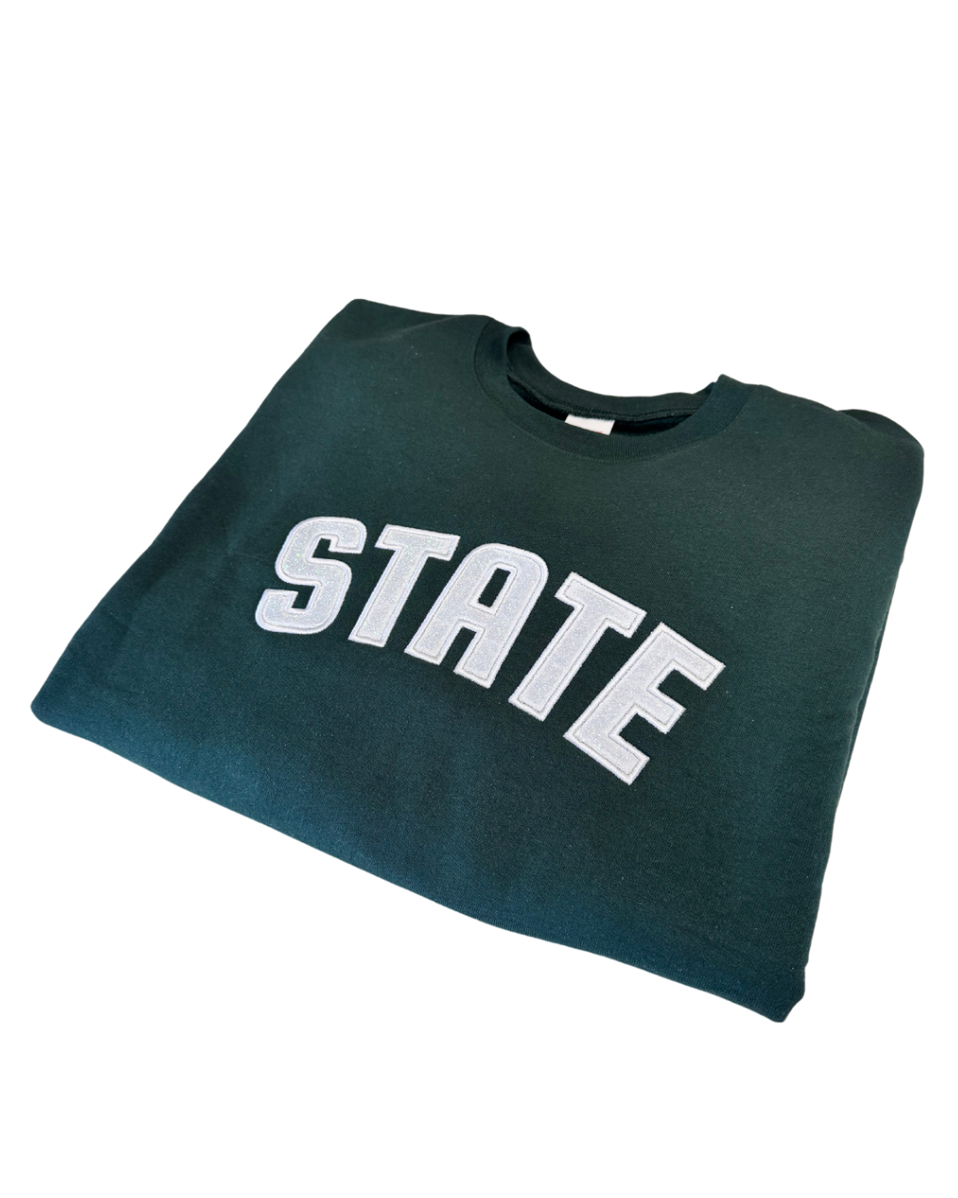 Green State with White Glow in the Dark Glitter Embroidered Crew Neck Sweatshirt