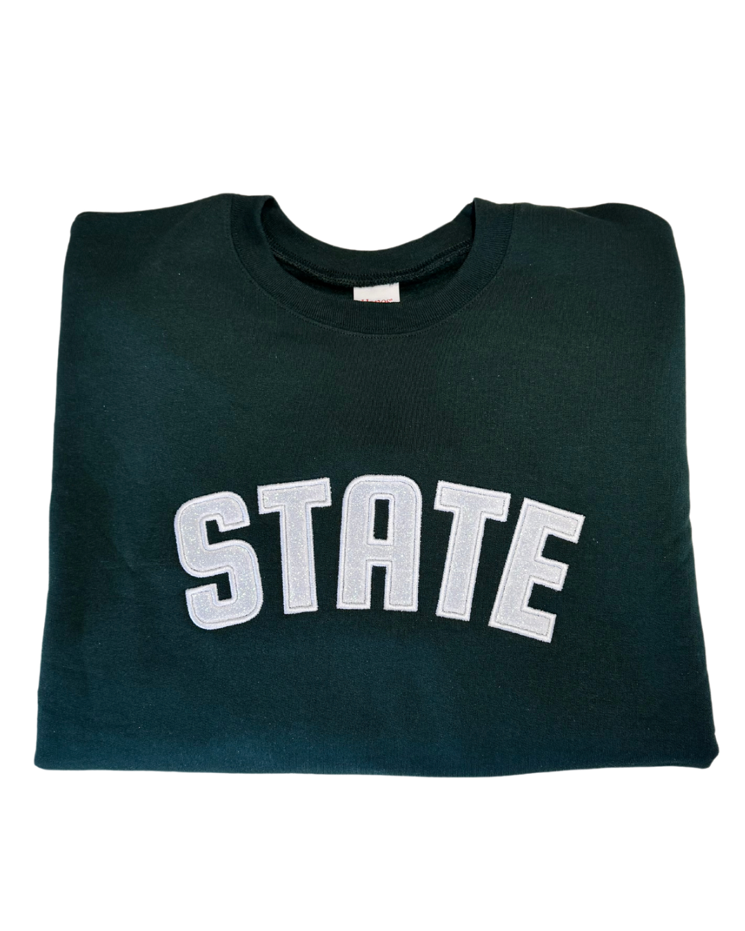 Green State with White Glow in the Dark Glitter Embroidered Crew Neck Sweatshirt