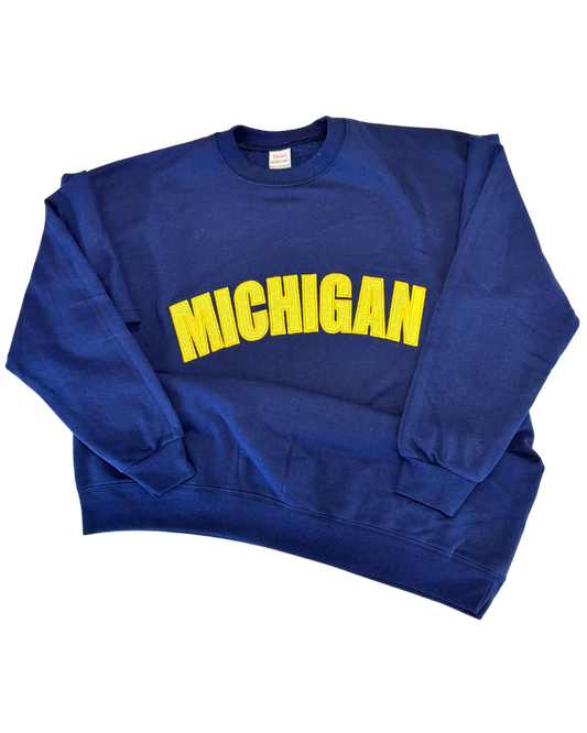 Blue Michigan with Gold Glow in the Dark Glitter Embroidered Crew Neck Sweatshirt