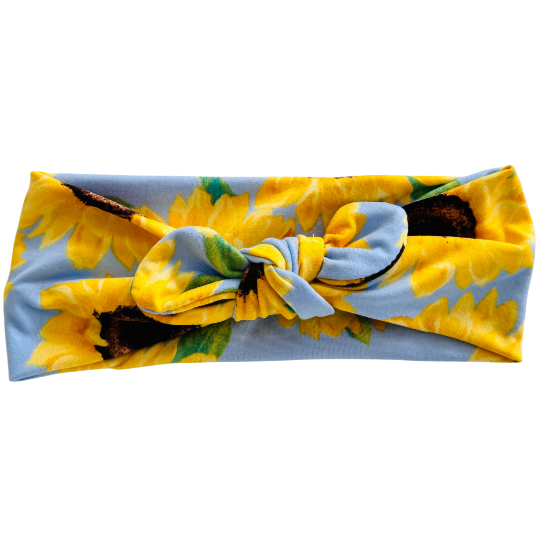 Sunflowers on Blue Twisted with Removable Bow - Workout Headband