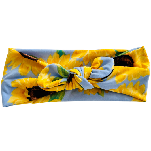 Sunflowers on Blue Twisted with Removable Bow - Workout Headband