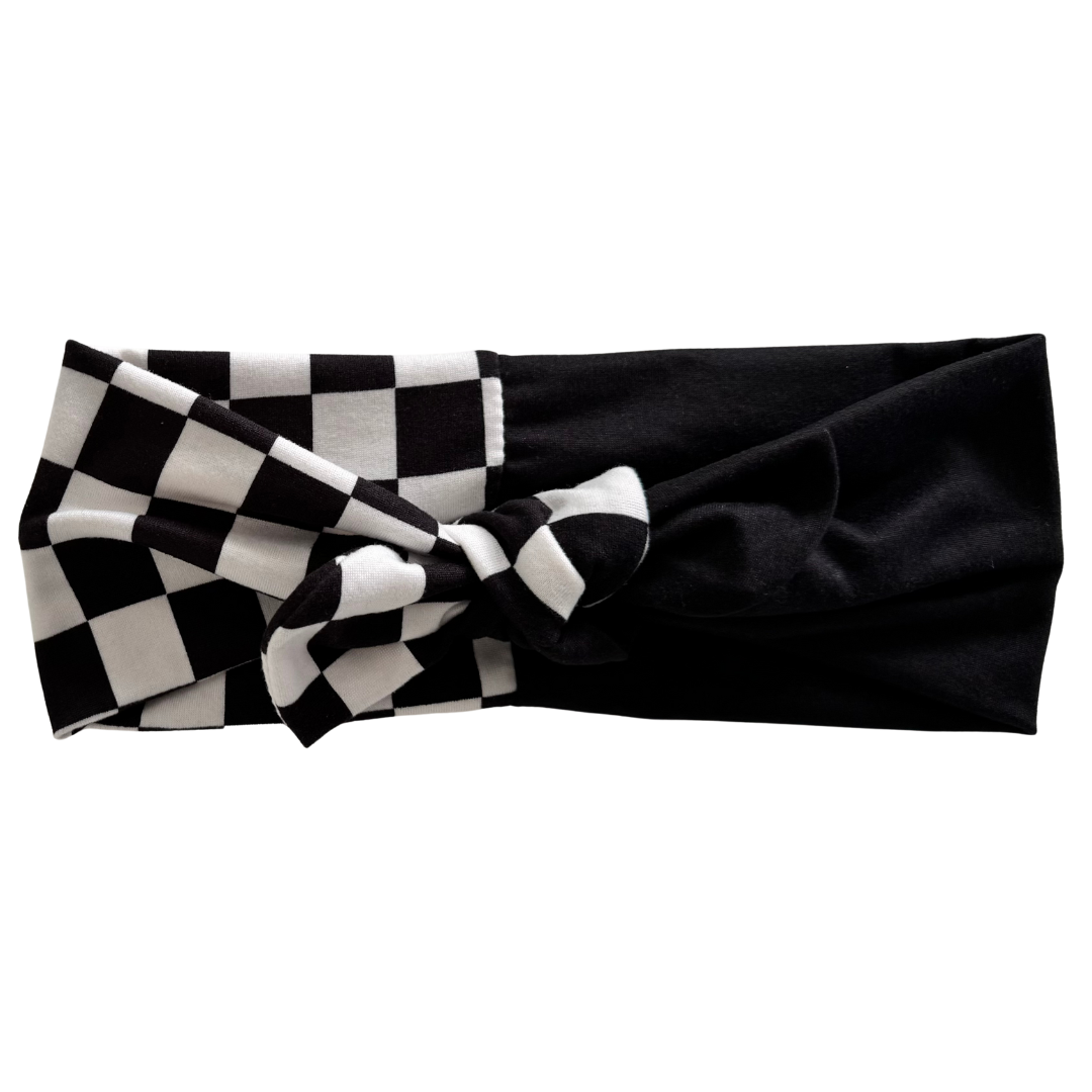 Black and White and Black Checkered Twisted with Removable Bow - Workout Headband