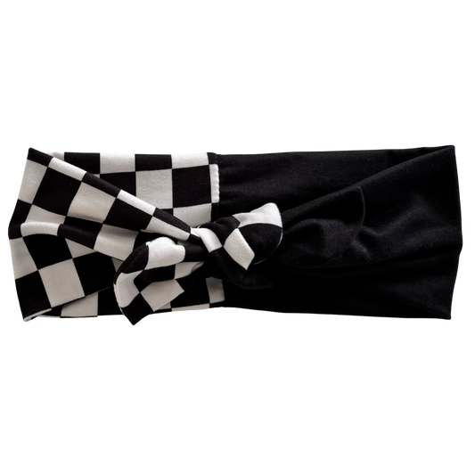 Black and White and Black Checkered Twisted with Removable Bow - Workout Headband