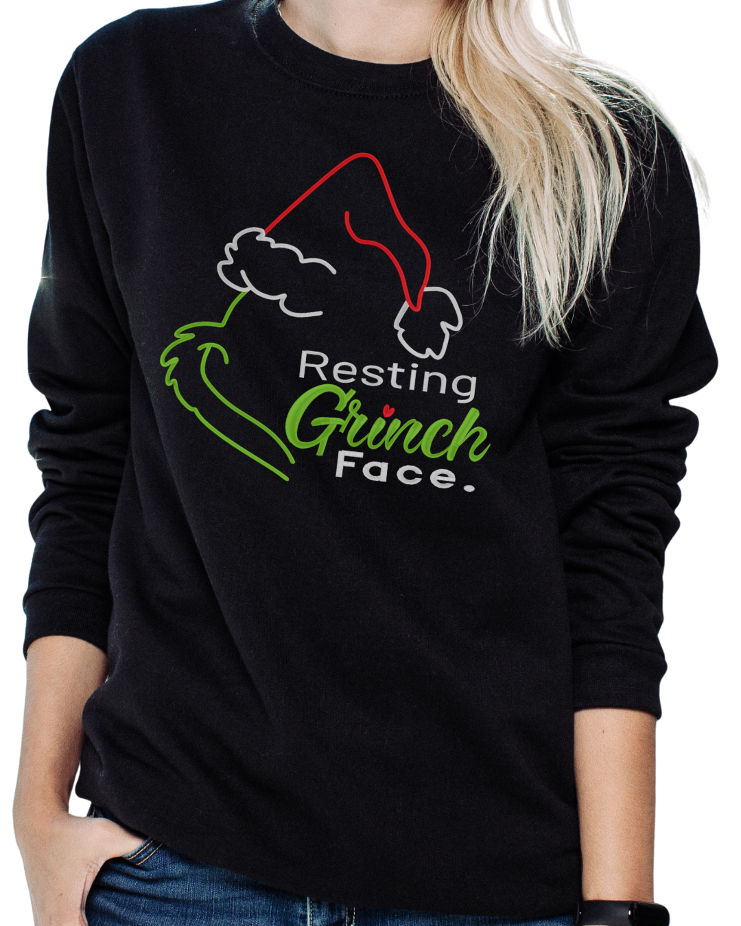Black sweatshirt with 'Resting Grinch Face' design on a person wearing it.